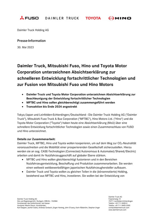 Daimler Truck, Mitsubishi Fuso, Hino und Toyota Motor Corporation unterzeichnen Absichtserklärung zur schnelleren Entwicklung fortschrittlicher Technologien und zur Fusion von Mitsubishi Fuso und Hino Motors