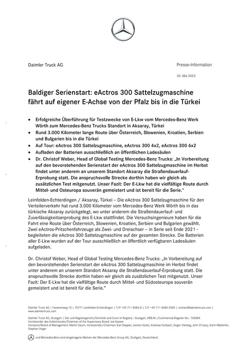 Baldiger Serienstart: eActros 300 Sattelzugmaschine fährt auf eigener E-Achse von der Pfalz bis in die Türkei