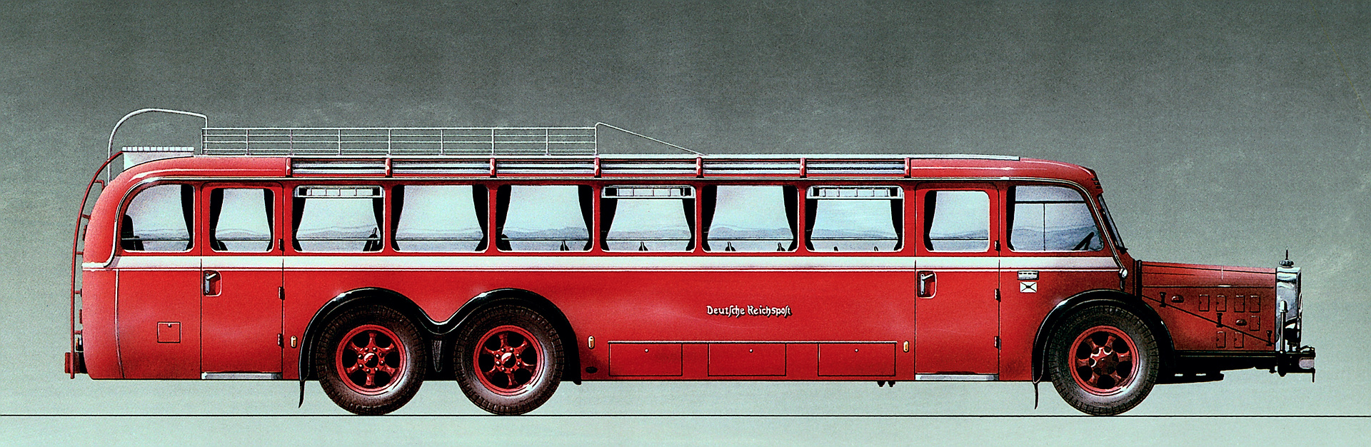 Mercedes-Benz Omnibus O 10000 der Deutschen Reichspost. Leichtstahlaufbau des Mercedes-Benz Werks Gaggenau. Zeichnung. (Fotosignatur der Mercedes-Benz Classic Archive: 1994M314) In diesem Mercedes-Benz Omnibus geht bis in die 1970er-Jahre die Post ab