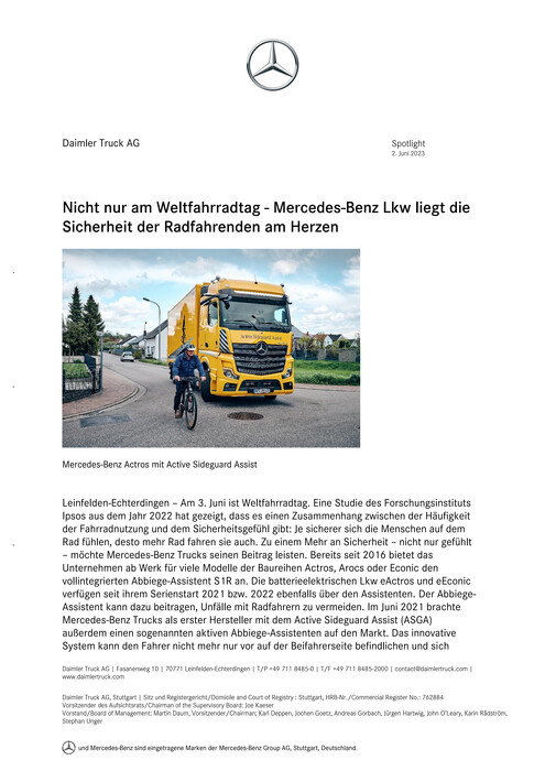 Nicht nur am Weltfahrradtag - Mercedes-Benz Lkw liegt die Sicherheit der Radfahrenden am Herzen