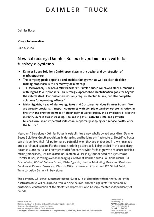 New subsidiary: Daimler Buses drives business with its turnkey e-systems