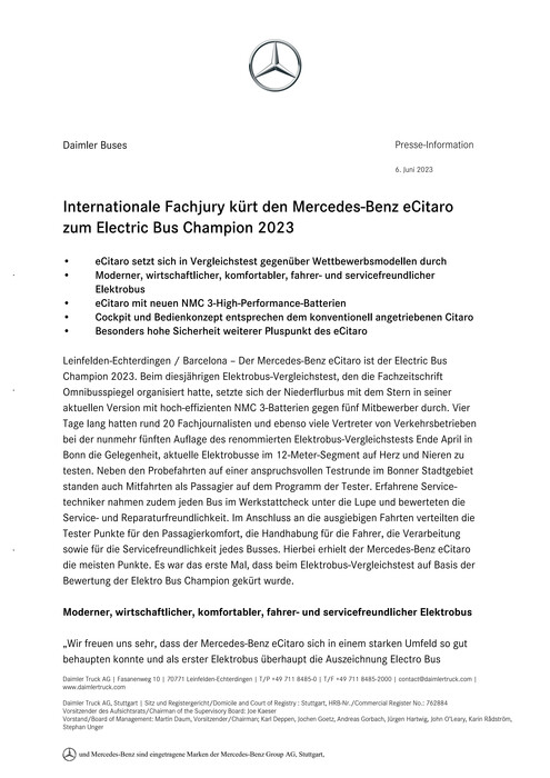 Internationale Fachjury kürt den Mercedes-Benz eCitaro zum Electric Bus Champion 2023