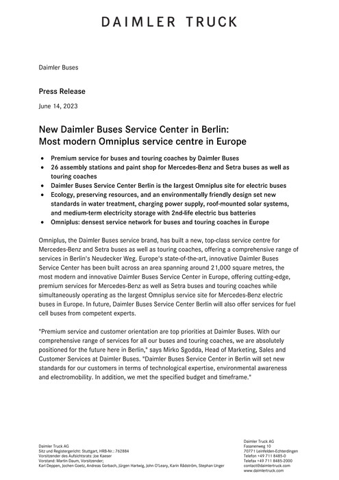 New Daimler Buses Service Center in Berlin: Most modern Omniplus service centre in Europe