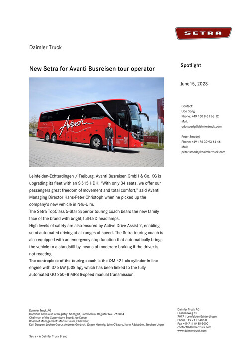 New Setra for Avanti Busreisen tour operator