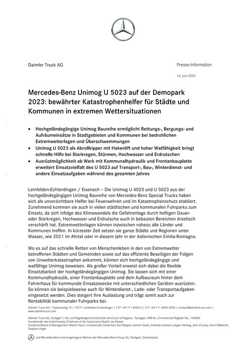 Mercedes-Benz Unimog U 5023 auf der Demopark 2023: bewährter Katastrophenhelfer für Städte und Kommunen in extremen Wettersituationen