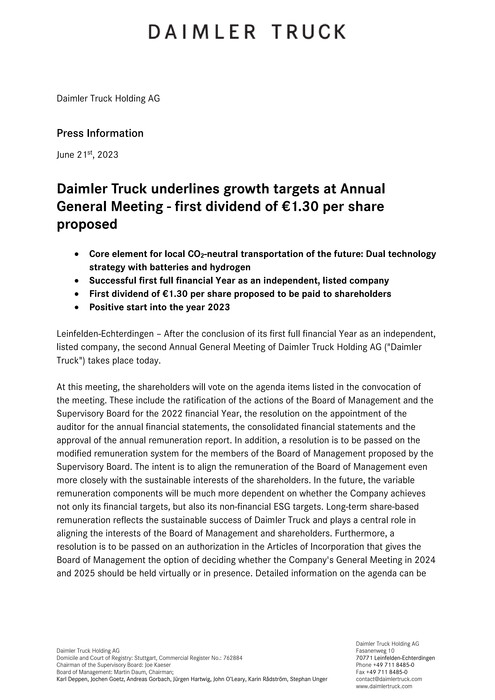 Daimler Truck underlines growth targets at Annual General Meeting - first dividend of €1.30 per share proposed