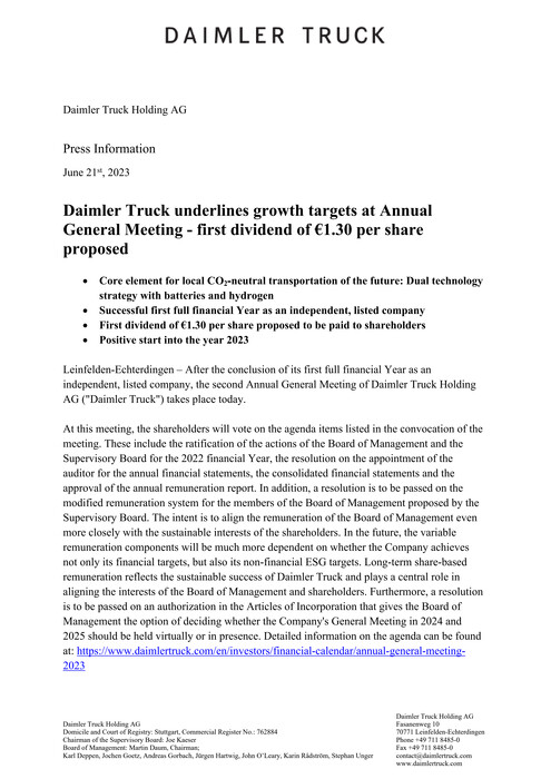 Daimler Truck underlines growth targets at Annual General Meeting - first dividend of €1.30 per share proposed