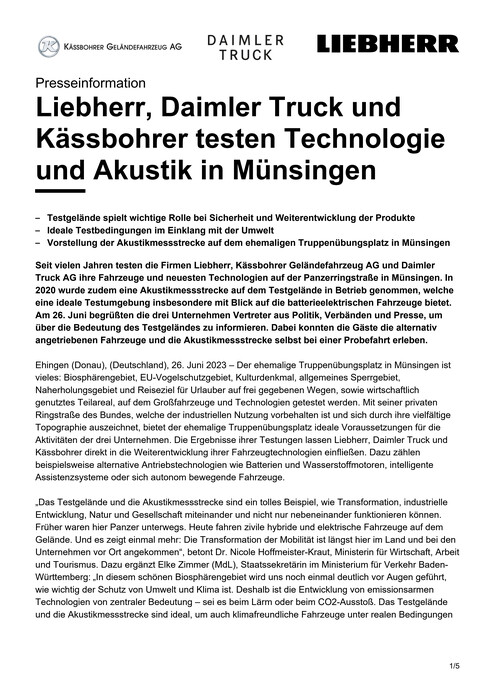 Liebherr, Daimler Truck und Kässbohrer testen Technologie und Akustik in Münsingen