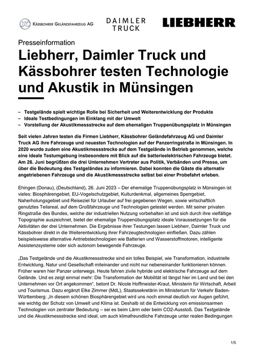 Liebherr, Daimler Truck und Kässbohrer testen Technologie und Akustik in Münsingen
