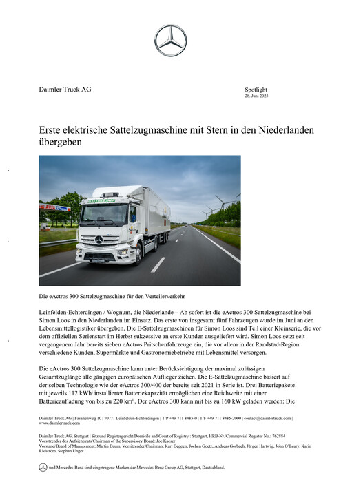 Erste elektrische Sattelzugmaschine mit Stern in den Niederlanden übergeben