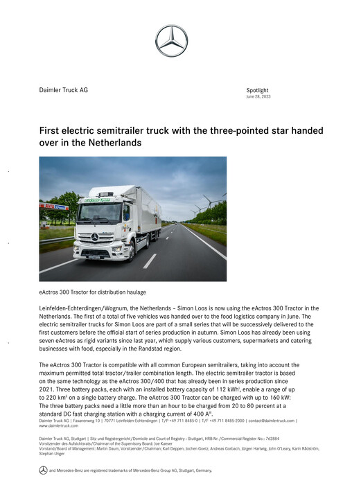 First electric semitrailer truck with the three-pointed star handed over in the Netherlands