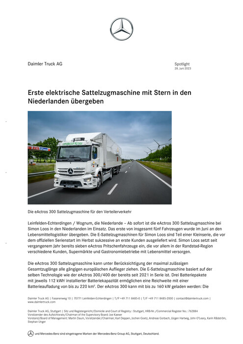 Erste elektrische Sattelzugmaschine mit Stern in den Niederlanden übergeben