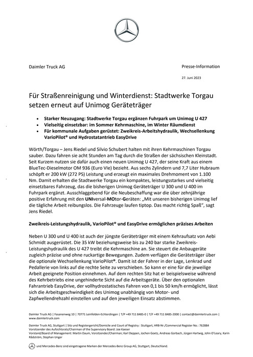 Für Straßenreinigung und Winterdienst Stadtwerke Torgau setzen erneut auf Unimog Geräteträger
