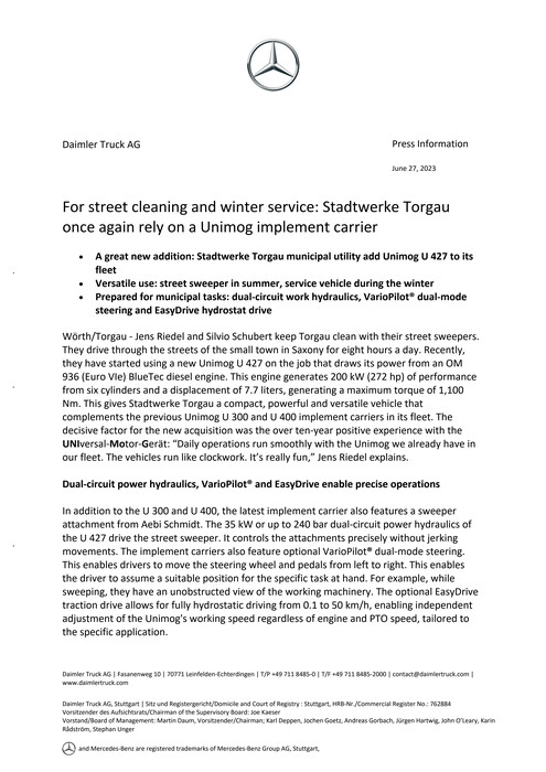 For street cleaning and winter service: Stadtwerke Torgau once again rely on a Unimog implement carrier