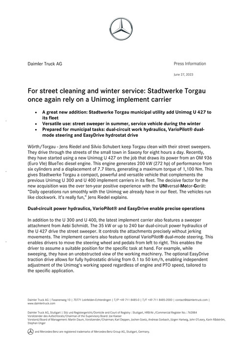 For street cleaning and winter service: Stadtwerke Torgau once again rely on a Unimog implement carrier