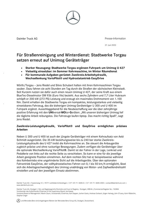 Für Straßenreinigung und Winterdienst Stadtwerke Torgau setzen erneut auf Unimog Geräteträger