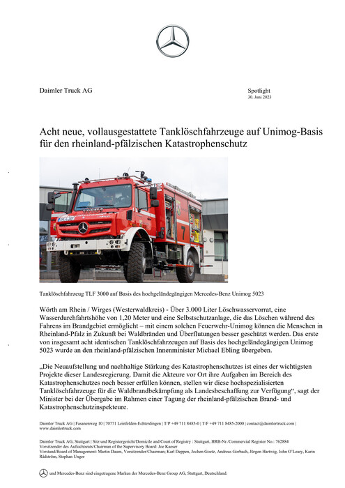 Acht neue, vollausgestattete Tanklöschfahrzeuge auf Unimog-Basis für den rheinland-pfälzischen Katastrophenschutz