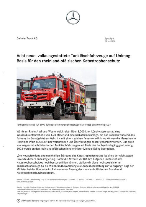 Acht neue, vollausgestattete Tanklöschfahrzeuge auf Unimog-Basis für den rheinland-pfälzischen Katastrophenschutz
