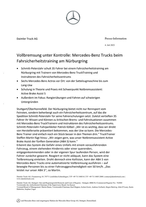 Vollbremsung unter Kontrolle: Mercedes-Benz Trucks beim Fahrsicherheitstraining am Nürburgring