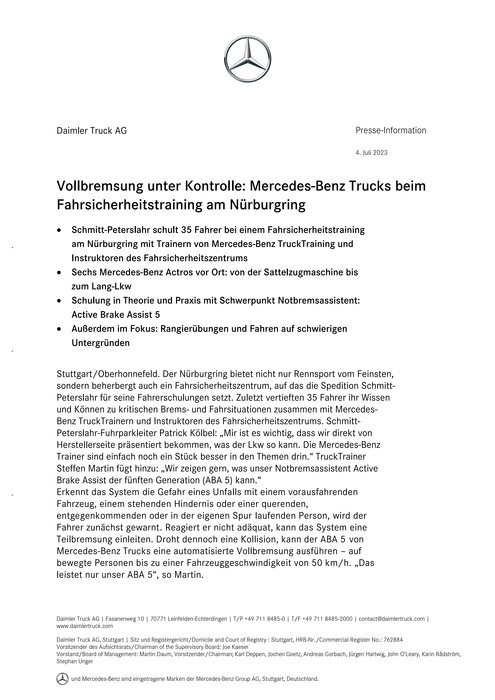 Vollbremsung unter Kontrolle: Mercedes-Benz Trucks beim Fahrsicherheitstraining am Nürburgring