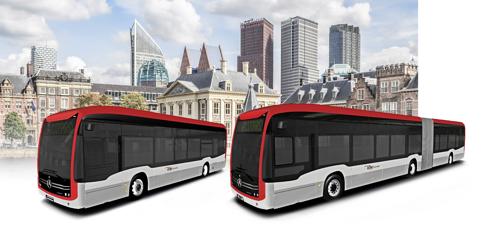 HTM (öffentliches Verkehrsunternehmen in und für die Region Den Haag) ordert Mercedes-Benz eCitaro und eCitaro G mit vollelektrischem Antrieb, NMC 3 Batterie, 2 x elektrischer Radnabenmotor, 2 x 125 kW, 2 x 485 Nm, 98 kWh pro Batteriepaket, Dreitürer, eCitaro Länge/Breite/Höhe: 12.135 /2.550/3.400 mm, Beförderungskapazität: 1/86, eCitaro G Länge/Breite/Höhe: 18.125 /2.550/3.400 mm, Beförderungskapazität: max. 1/130 Den Haag wird grün: Daimler Buses liefert mindestens 95 eCitaro und E-Infrastruktur als schlüsselfertiges Komplettsystem an HTM