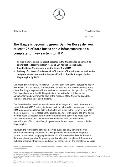 The Hague is becoming green: Daimler Buses delivers at least 95 eCitaro buses and e-infrastructure as a complete turnkey system to HTM