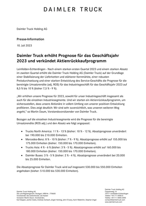 Daimler Truck erhöht Prognose für das Geschäftsjahr 2023 und verkündet Aktienrückkaufprogramm