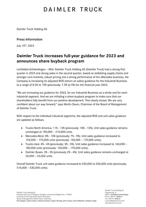 Daimler Truck increases full-year guidance for 2023 and announces share buyback program