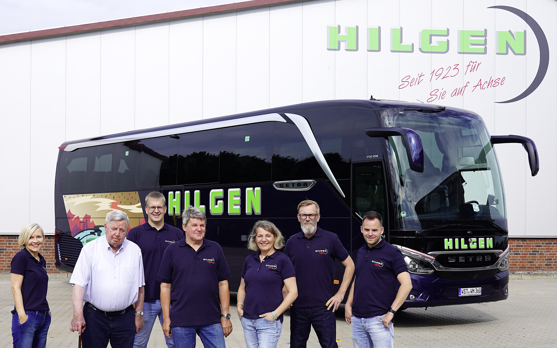 v.l.n.r.: Birgit Fenske, Günter Hilgen, Thomas Hilgen, Wolfgang Hilgen, Katja Hilgen, Karl-Heinz Fenske, Frederic Hilgen 100 Jahre Hilgen-Reisen