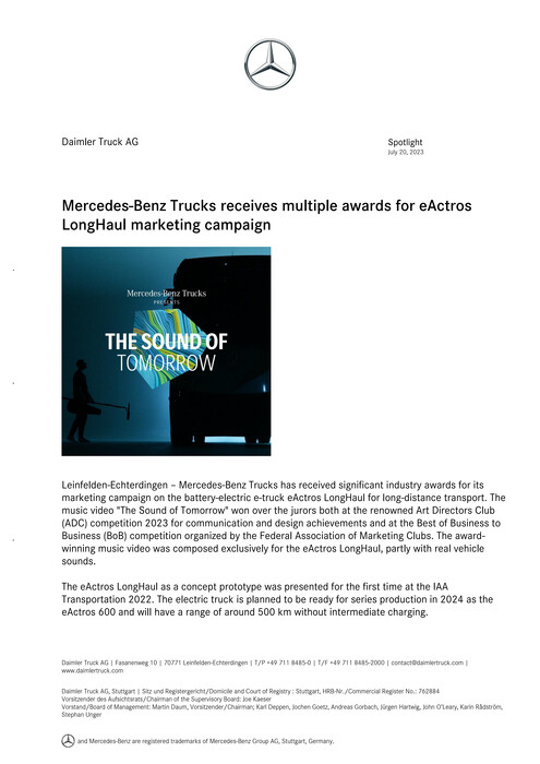 Mercedes-Benz Trucks receives multiple awards for eActros LongHaul marketing campaign