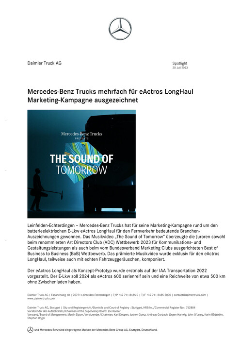 Mercedes-Benz Trucks mehrfach für eActros LongHaul Marketing-Kampagne ausgezeichnet