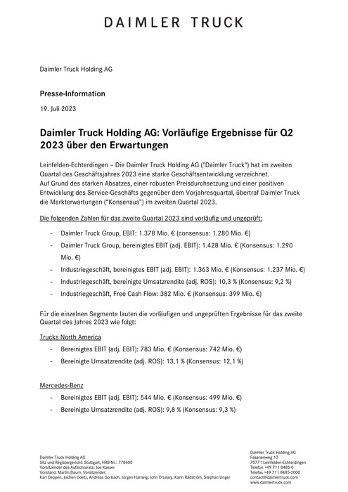 Daimler Truck Holding AG: Vorläufige Ergebnisse für Q2 2023 über den Erwartungen