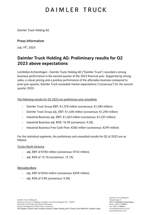 Daimler Truck Holding AG: Preliminary results for Q2 2023 above expectations