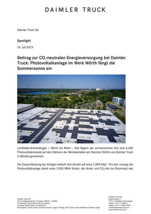 Beitrag zur CO2-neutralen Energieversorgung bei Daimler Truck: Photovoltaikanlage im Werk Wörth fängt die Sommersonne ein