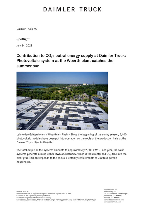 Contribution to CO2-neutral energy supply at Daimler Truck: Photovoltaic system at the Woerth plant catches the summer sun