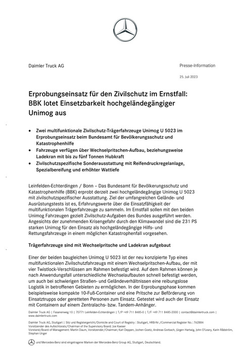 Erprobungseinsatz für den Zivilschutz im Ernstfall: BBK lotet Einsetzbarkeit hochgeländegängiger Unimog aus
