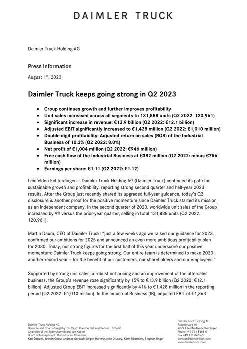 Daimler Truck keeps going strong in Q2 2023