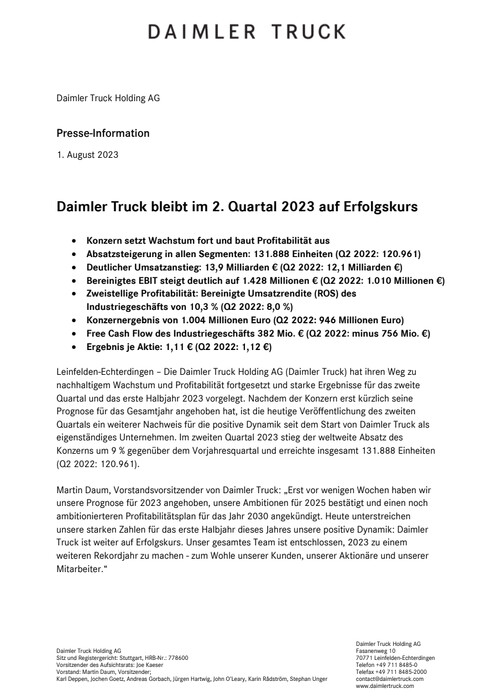 Daimler Truck bleibt im 2. Quartal 2023 auf Erfolgskurs