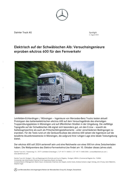Elektrisch auf der Schwäbischen Alb: Versuchsingenieure erproben eActros 600 für den Fernverkehr