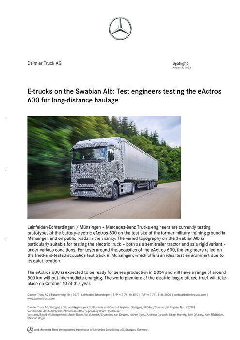 E-trucks on the Swabian Alb: Test engineers testing the eActros 600 for long-distance haulage