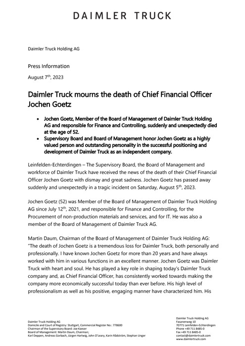 Daimler Truck mourns the death of Chief Financial Officer Jochen Goetz