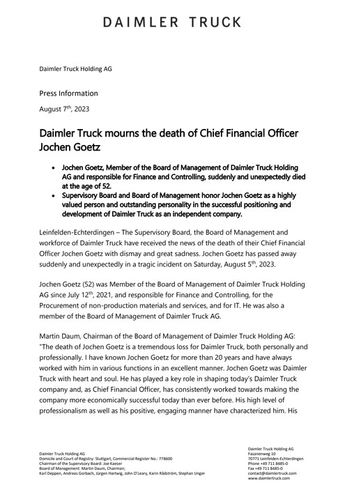 Daimler Truck mourns the death of Chief Financial Officer Jochen Goetz