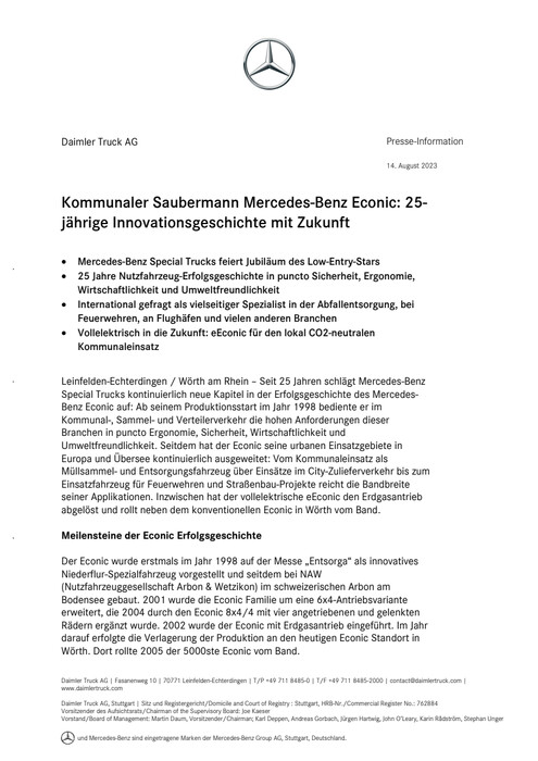 Kommunaler Saubermann Mercedes-Benz Econic: 25-jährige Innovationsgeschichte mit Zukunft