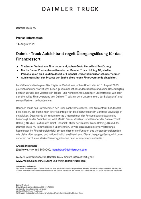 Daimler Truck Aufsichtsrat regelt Übergangslösung für das Finanzressort