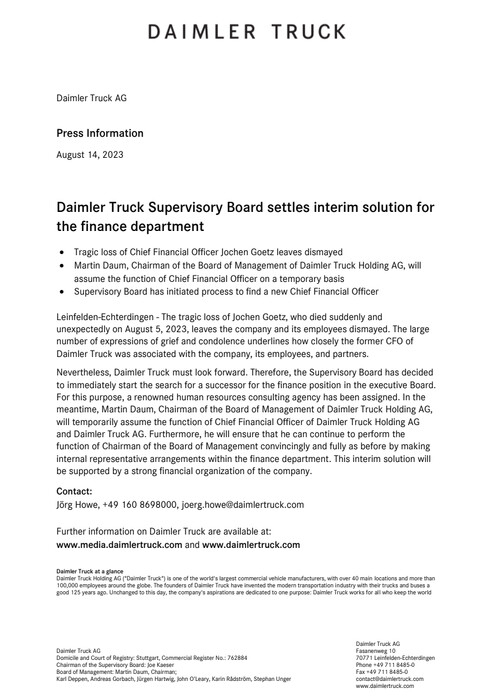 Daimler Truck Supervisory Board settles interim solution for the finance department