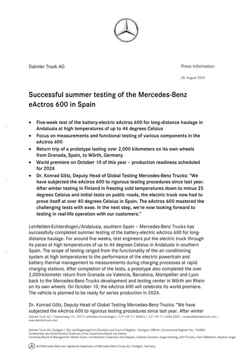 Successful summer testing of the Mercedes-Benz eActros 600 in Spain