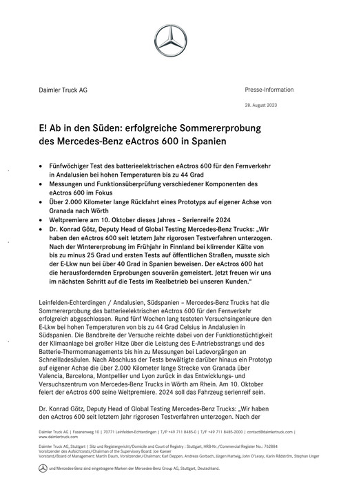 E! Ab in den Süden: erfolgreiche Sommererprobung des Mercedes-Benz eActros 600 in Spanien