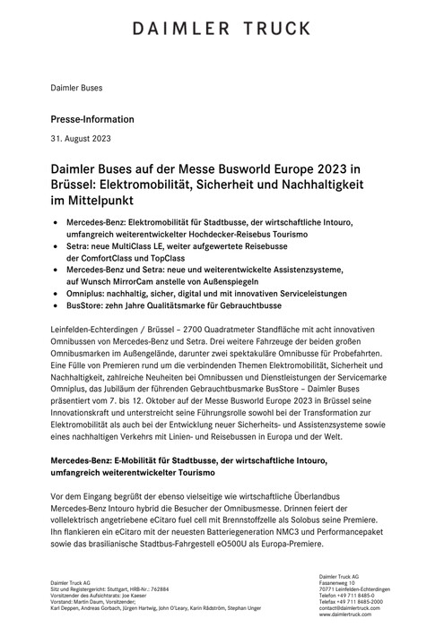 Daimler Buses auf der Messe Busworld Europe 2023 in Brüssel: Elektromobilität, Sicherheit und Nachhaltigkeit im Mittelpunkt