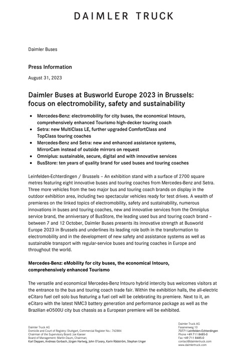 Daimler Buses at Busworld Europe 2023 in Brussels: focus on electromobility, safety and sustainability