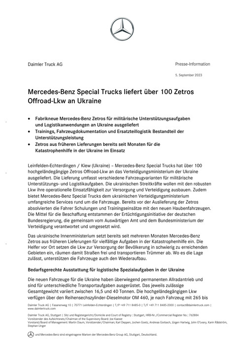 Mercedes-Benz Special Trucks liefert über 100 Zetros Offroad-Lkw an Ukraine